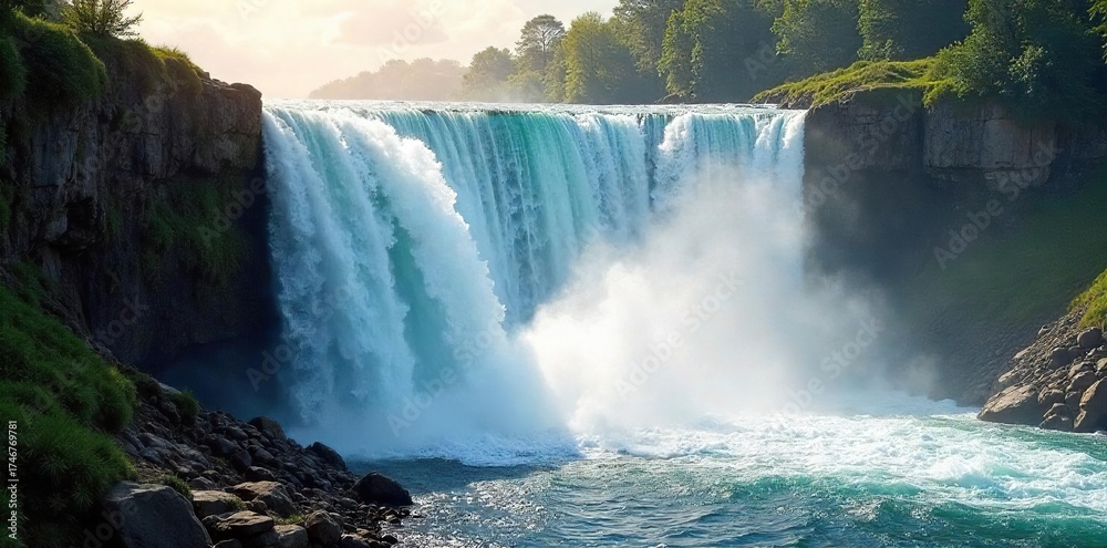 Naklejka premium Dramatic Waterfall Cascade Sunlit Torrent of Water Droplets Over Rocks