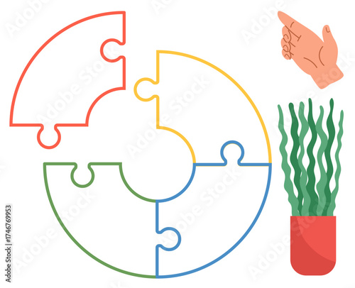 Hand pointing at a multicolored circular puzzle, alongside a thriving plant in a pot. Ideal for teamwork, problem-solving, growth, communication, connection, strategy and success. A simple flat
