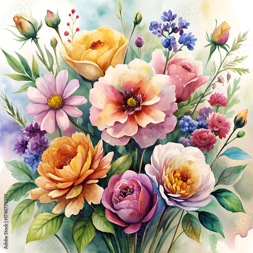 Watercolor Bouquet. Vibrant Roses. Peonies. and Cosmos in Full Bloom