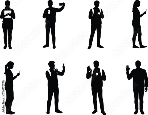 Silhouettes of people using smartphones, standing, texting, taking selfies, waving, mobile interaction, digital lifestyle, modern communication, casual poses, technology behavior