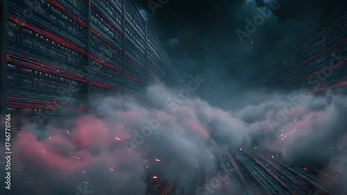 A futuristic and abstract representation of an explosion or energy release within a digital or virtual environment. Red and white smoke clouds move through a glowing red grid structure, creating a hig