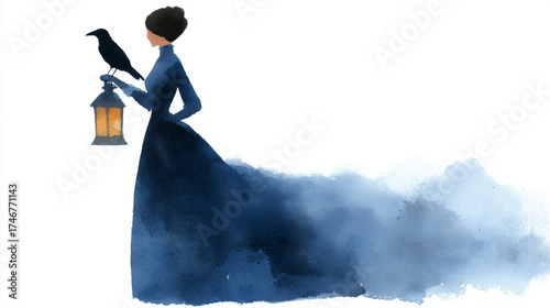 Watercolor painting of an elegant woman in a flowing Victorian blue dress holding a lantern with a raven perched on her hand.