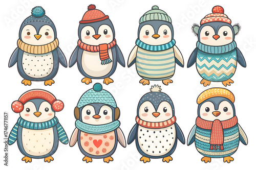 Adorable Penguins in Winter Outfits. Cute Cartoon Penguin Illustration