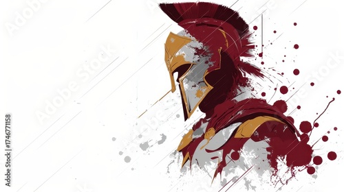 Greek spartan warrior or gladiator helmet showcasing strength, courage, and determination, portrayed with a vibrant grunge splash and splatter paint effect