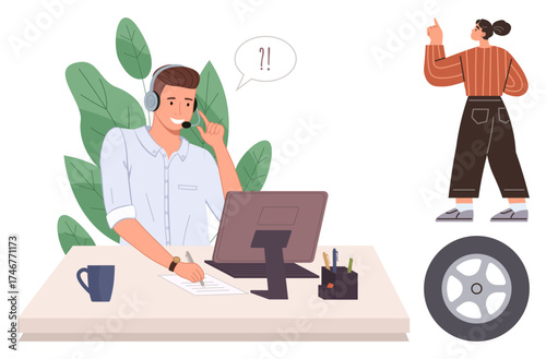 Man at desk wearing a headset, writing notes, assisting online woman gestures at a tire. Ideal for customer service, communication, problem-solving, teamwork, automotive issues, remote work simple