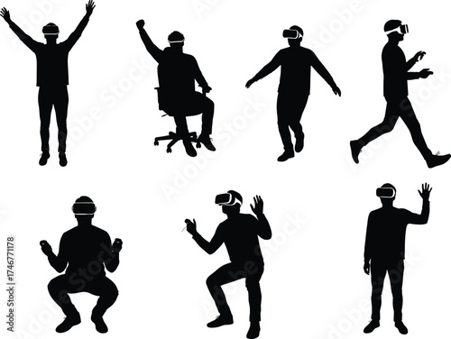 Silhouettes of people wearing VR headsets, standing, sitting, walking, waving, squatting, interacting, gaming, virtual reality experience, immersive posture, digital lifestyle