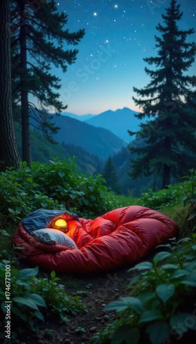 A cozy sleeping bag nestled amongst lush greenery, ready for a night under the stars  Perfect for camping, hiking, or outdoor adventures ,  trees,  tranquility,  rest