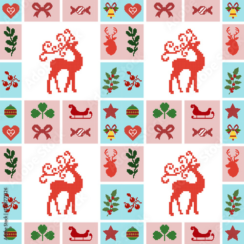 A patchwork-style pattern composed of rectangular and square blocks.
Each block contains charming Christmas-themed icons such as hearts, candy, bells, reindeer, stars, and snowflakes.
The palette feat