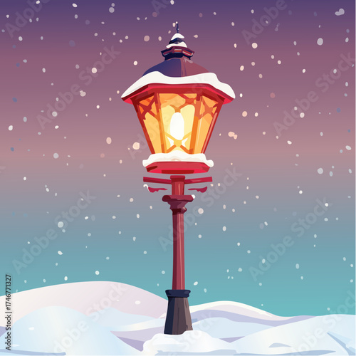 Ornate vintage street lamp glowing warmly on a magical snowy winter evening with a colorful sky
