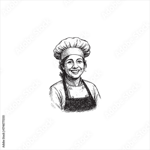 A smiling woman chef wearing a chef's hat and apron