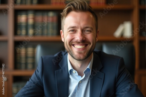 A photo of a lawer smile in the office