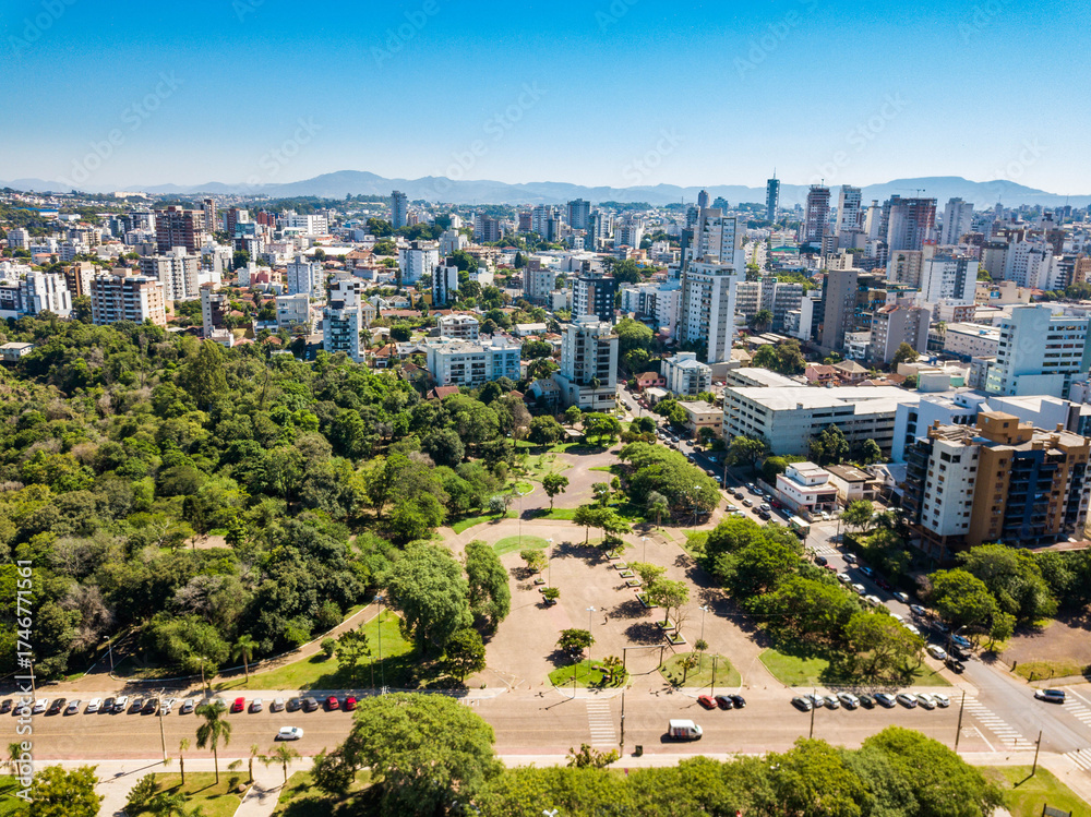 Naklejka premium Lajeado RS - aerial view of Dick Park and the city center of Lajeado, Rio Grande do Sul