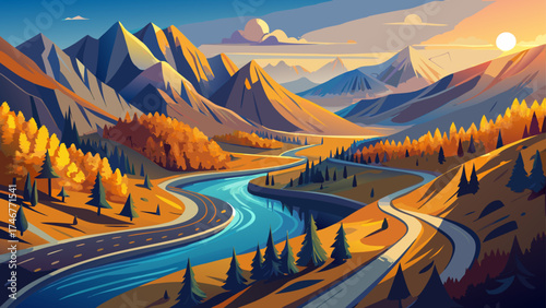 Very beautiful Aerial view of winding mountain road, river in alpine valley at sunset in autumn. Top drone view of road in Swiss mountain pass, yellow grass, trees in fall. Colorful landscape. Alps in