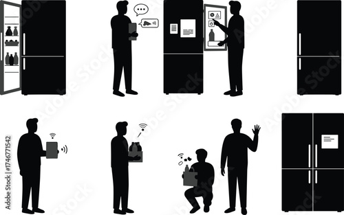 Smart refrigerator interaction, food inventory, wireless control, kitchen technology, silhouette people, digital appliance usage, vector illustration, modern household device scenes