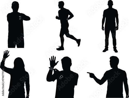 Smartwatch user silhouettes, wearable technology interaction, fitness tracking, gesture recognition, modern lifestyle, black vector icons, isolated on white background