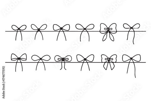 Hand Drawn Bow Gift Ribbon Line Set � Elegant Minimal Doodle Stroke Vector Illustration