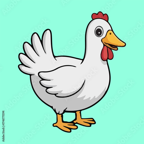 Smiling Cartoon Hen with Red Comb on Mint Green Background