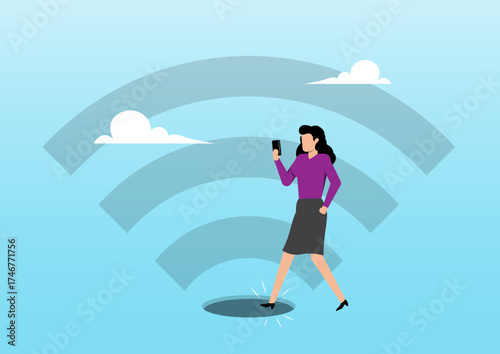 A woman is walking forward but has one foot stepping into a dark, round hole on the ground