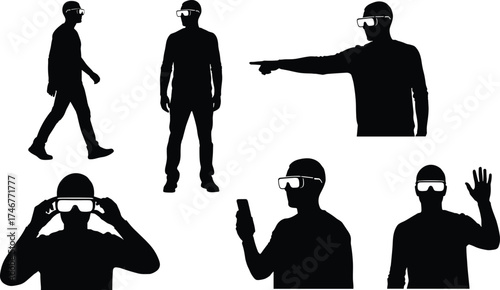 Virtual reality user silhouette set, immersive tech interaction poses, headset gestures and activities, black vector icons, isolated on white background