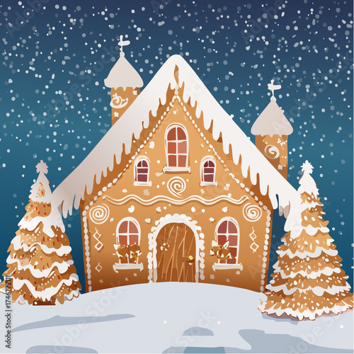A beautifully decorated gingerbread cottage covered in sugary snow, nestled between two festive fir trees on a winter evening