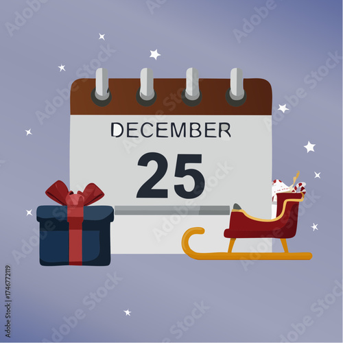 Festive holiday illustration featuring a calendar showing December 25th, a wrapped gift box, and a magical sleigh against a starry night background