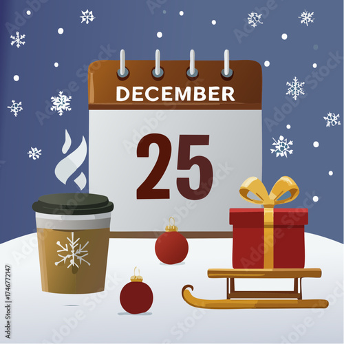 Vector illustration for the Christmas holiday celebration with a calendar showing December 25th, a hot drink, and a festive gift
