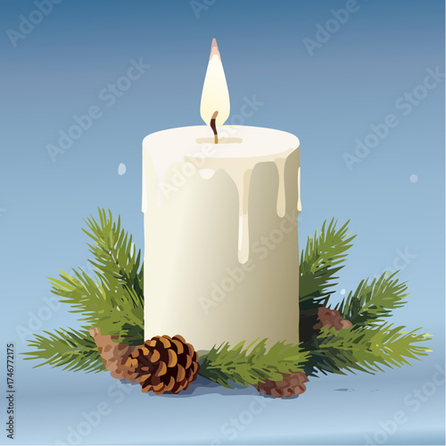 A serene winter illustration of a single lit white wax candle with a warm glowing flame, adorned with festive evergreen branches and pinecones