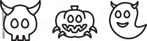 Set of three outline Halloween icons: a mischievous skull with horns, a grinning pumpkin, and a cute ghost. Ideal for simple, clean, and modern holiday designs, invitations, and spooky projects.