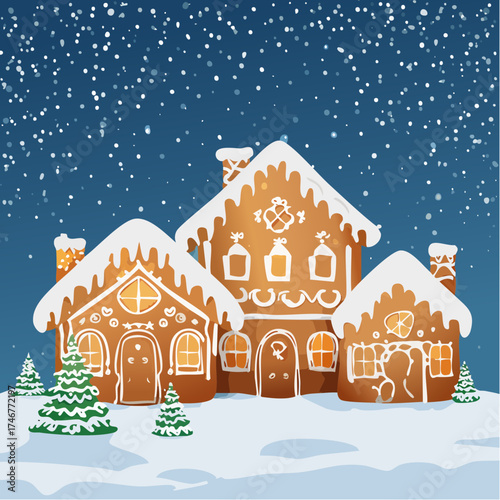 Festive gingerbread house village decorated with white icing, set in a snowy winter landscape with falling snow and trees