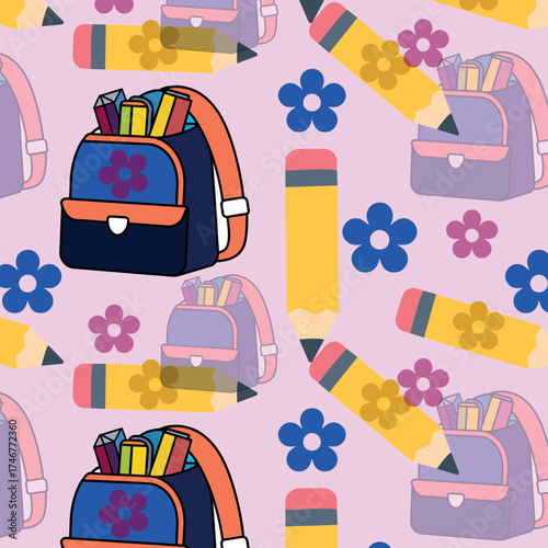 School supplies backpack and pencils seamless pattern for children, vector, school backpack