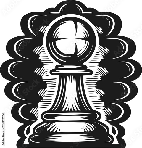 Chess pawn isolated in dramatic woodcut monochrome  with vintage engraving, bold lines, strategic game piece