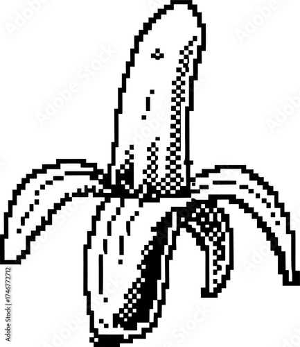 Pixel art illustration of peeled banana retro digital fruit icon in black and white, 8 bit for vintage design themes