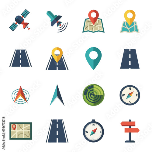 Modern flat style navigation and travel vector icons including GPS, maps, compass, and roads, perfect for mobile apps and web design projects, presented as a professional output