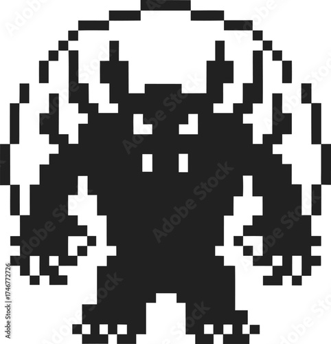 Pixel art black monster silhouette with horns and outstretched arms retro video game, villain, fantasy creature icon