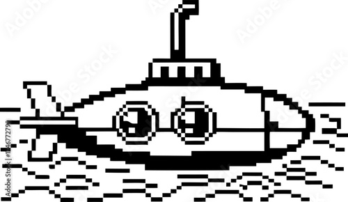Retro pixel submarine floating on ocean surface vintage underwater vessel, monochrome digital art, simple line drawing