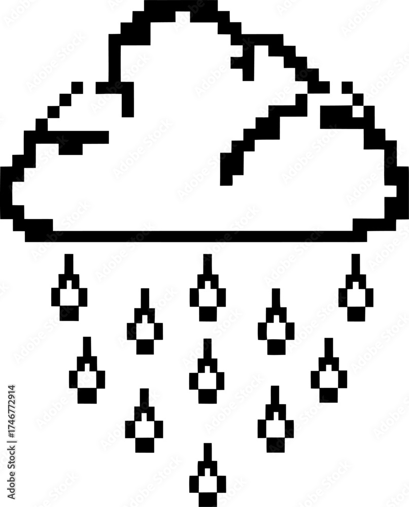 Fototapeta premium Pixelated rain cloud icon minimal black and white weather symbol, digital precipitation, retro forecast display
