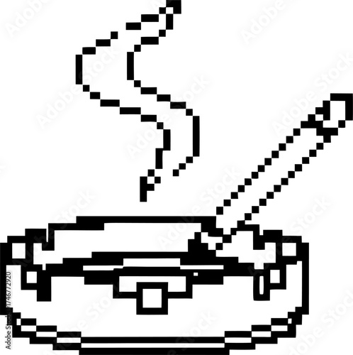 Pixel art illustration of a burning cigarette in an ashtray, smoke rising retro, 8 bit style, minimal outline, anti smoking concept