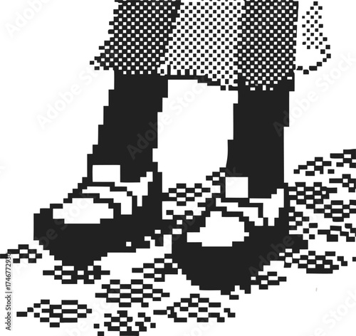 Pixel art person in chunky shoes standing on checkered surface retro black and white digital illustration, 8 bit graphic