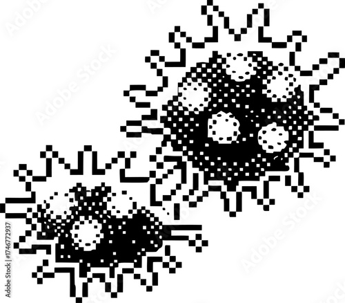 Pixelated virus cells isolated on white retro black and white digital illustration of microorganisms, infection, bacteria, or germ