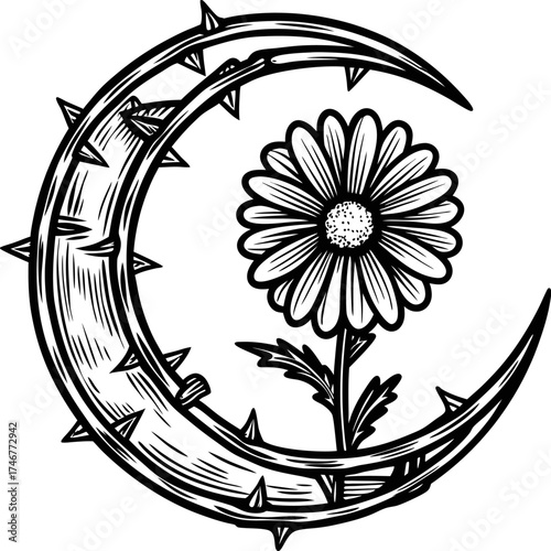 Crescent moon with thorns encircling blooming daisy flower contrast between sharp thorns and delicate petals, nature concept