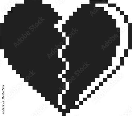 Pixelated broken heart icon black and white retro digital symbol, 8 bit video game style, emotional relationship breakup motif