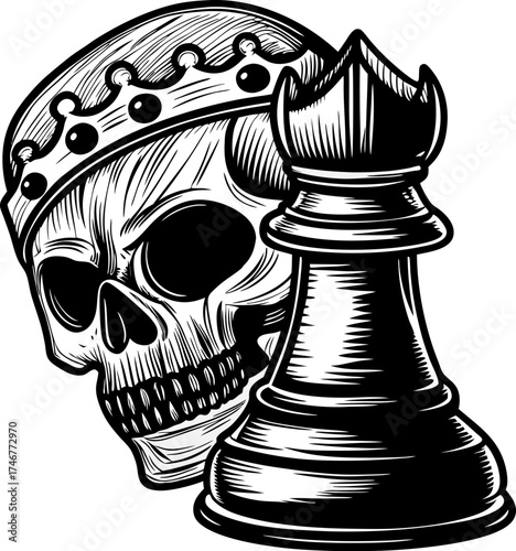 skull with crown and chess queen piece gothic monochrome design symbolizing power, strategy, and mortality