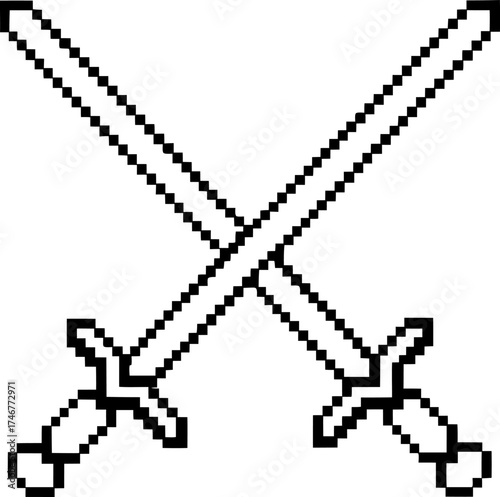 Pixel art crossed swords icon retro gaming weapon design, simple black and white minimalist fighting symbol illustration