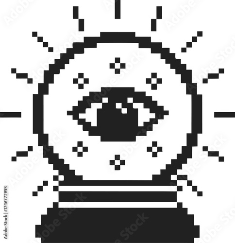 Pixel art crystal ball with all seeing eye, black and white mystical fortune telling, digital retro occult symbol
