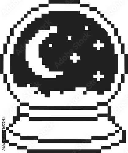 Pixel art magic crystal ball with crescent moon and stars mystical fortune telling, retro digital occult divination icon