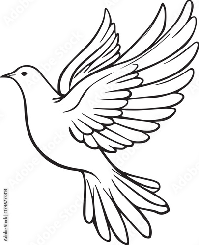 Dove in Flight: The image captures a dove in full flight, its wings spread wide against the sky, symbolizing peace and freedom. It's a clean, simple, and elegant illustration.