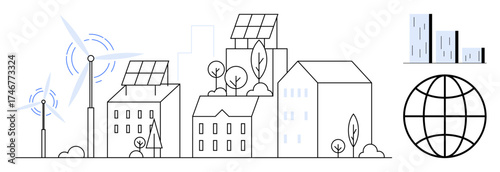 Urban skyline featuring solar panels, wind turbines, eco-friendly buildings, trees, bar chart, and globe. Ideal for sustainability, green energy, urban development innovation environment global