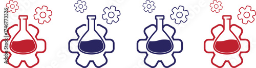 Chemical science and technology icon set. Lab flask inside a cogwheel symbolizing innovation, research, and industry. Duo-tone vector graphic in bold red and blue for engineering, biotech