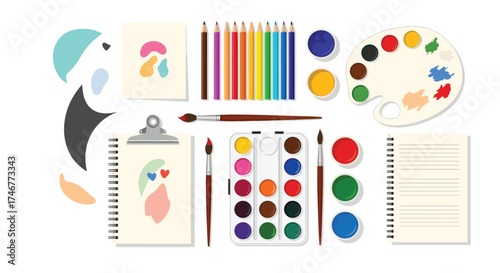 A collection of art supplies and creative tools for painting and drawing.