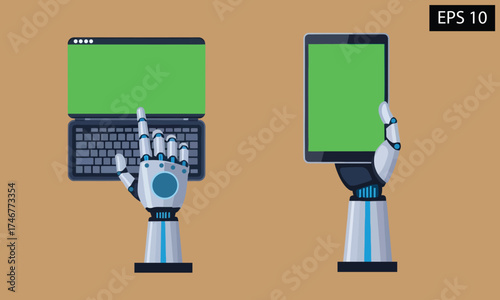 Robot hand interacting with laptop and tablet screens Technology and digital communication